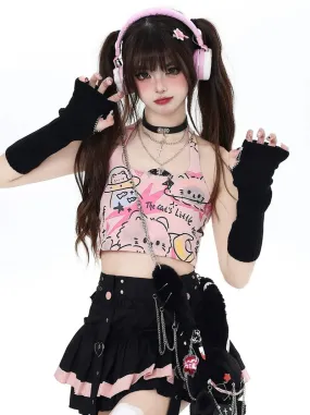 Pure Cute Print Halter Neck Top Graffiti Cat