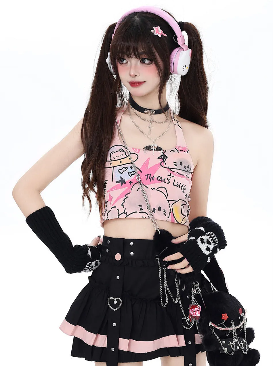 Pure Cute Print Halter Neck Top Graffiti Cat