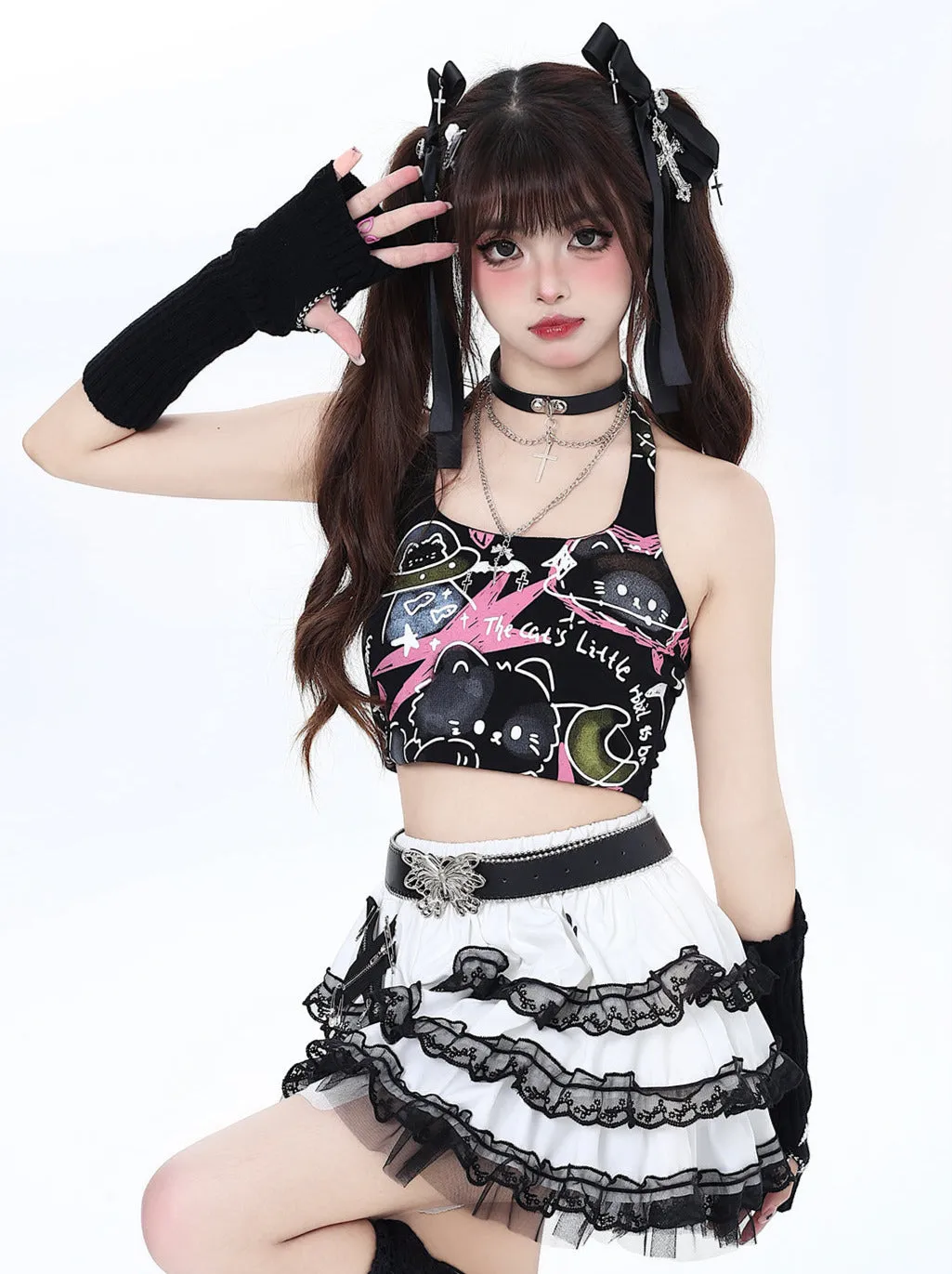 Pure Cute Print Halter Neck Top Graffiti Cat