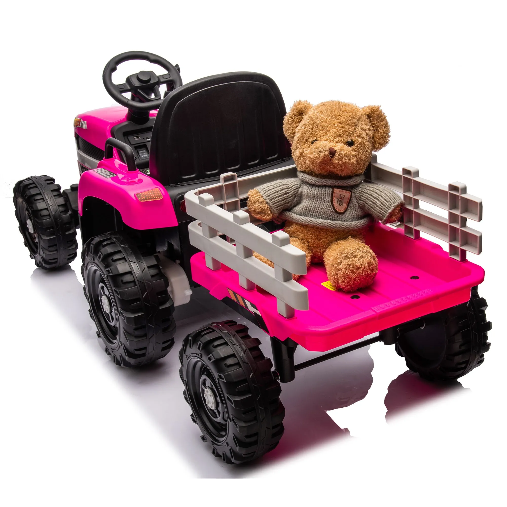 Ride on Tractor with Trailer,24V Battery Powered Electric Tractor Toy, 200w*2motor 1.86-4.97MPH/Remote Control,electric car for kids,Three speed adjustable,USB,MP3 ,Bluetooth,LED light, safety belt