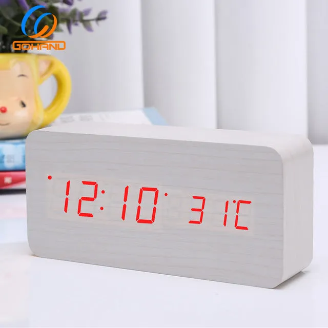 Simple Led Wooden Clock Voice-Activated Mute Digital Clock Student Desktop Electronic Clock Hotel Bedside Retro Alarm Clock