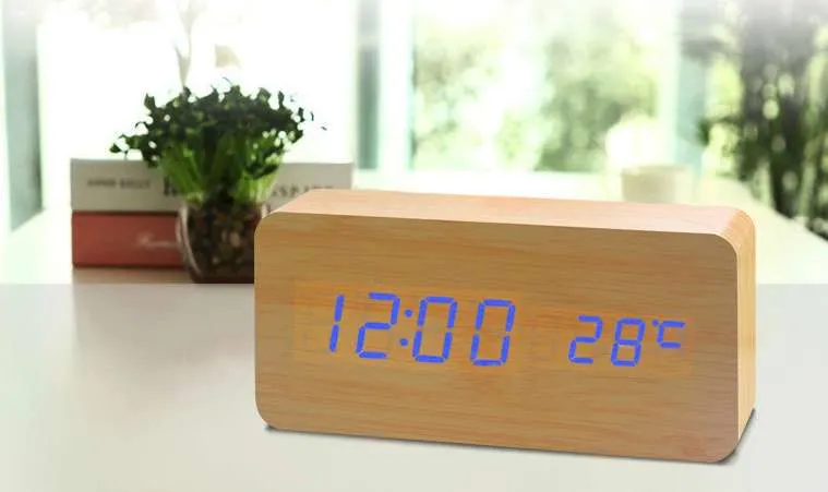 Simple Led Wooden Clock Voice-Activated Mute Digital Clock Student Desktop Electronic Clock Hotel Bedside Retro Alarm Clock