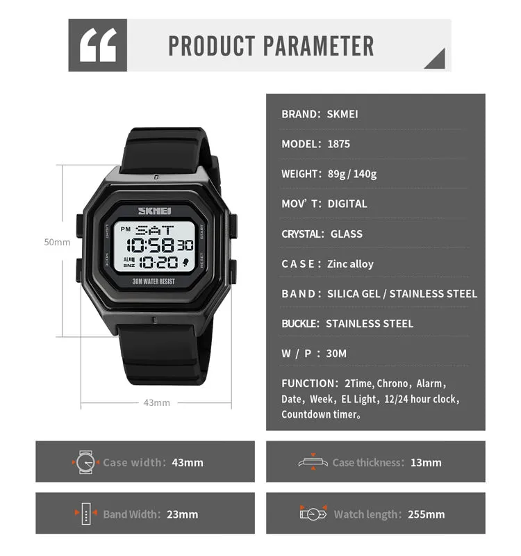 SKMEI 1875 Classic Digital LED Watch for Men w/ 3Bar Waterproof