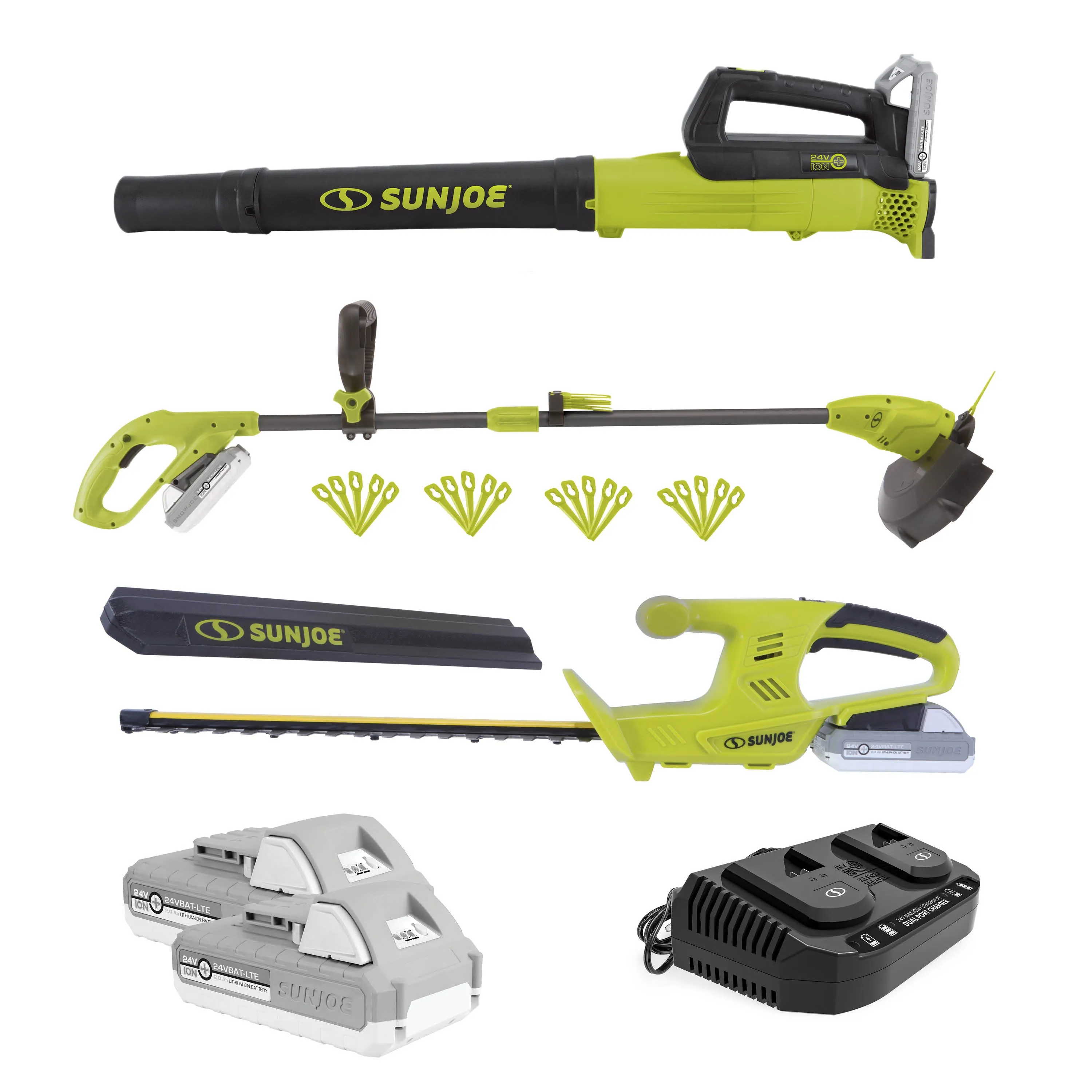 Sun Joe 24V-GT3MAX-LTE 24-Volt* IONMAX Cordless Garden Combo Kit | Leaf Blower | Grass Trimmer | Hedge Trimmer | W/ 2 x 2.0-Ah Batteries   Charger