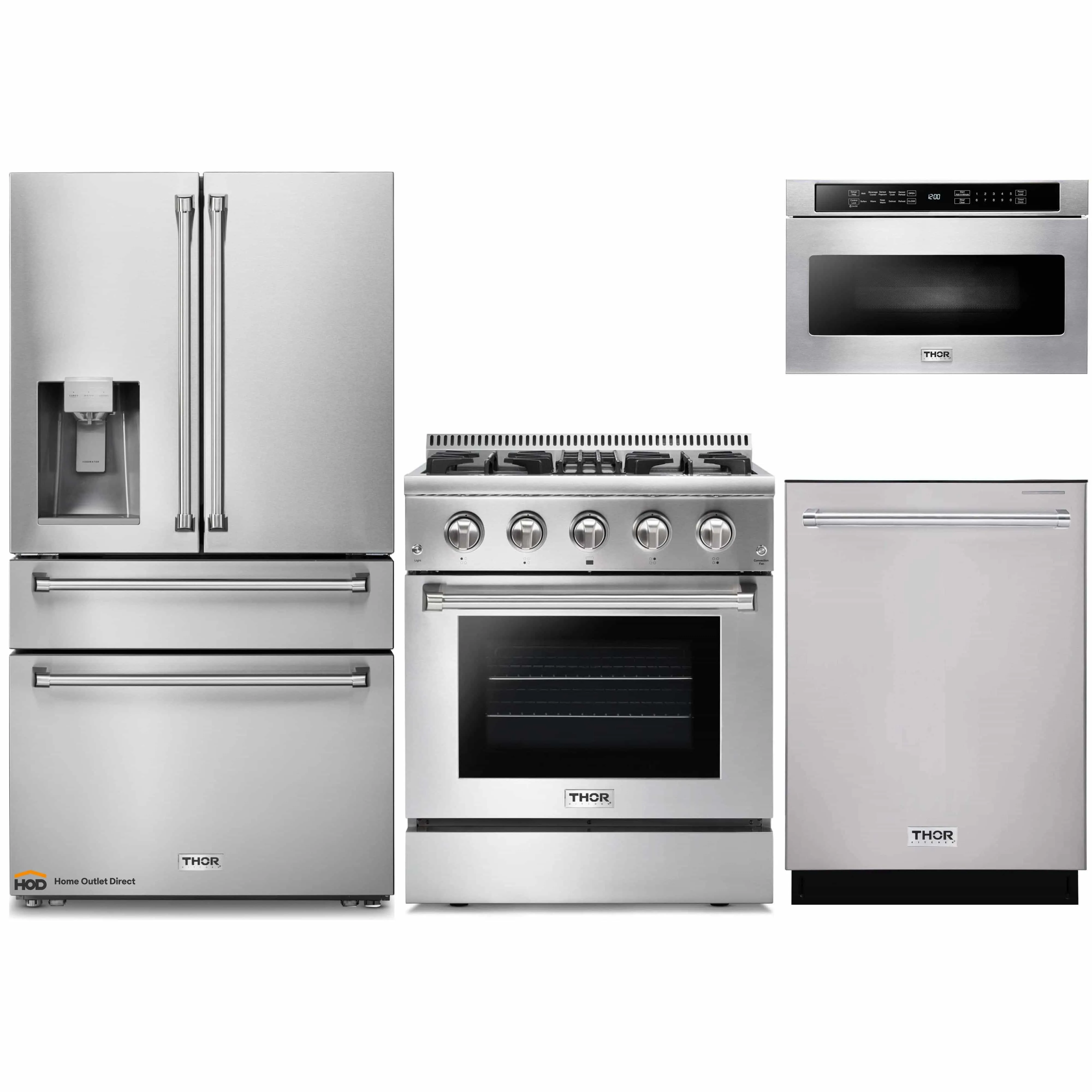 Thor Kitchen 4-Piece Pro Appliance Package - 30-Inch Dual Fuel Range, Refrigerator with Water Dispenser, Dishwasher, and Microwave Drawer in Stainless Steel