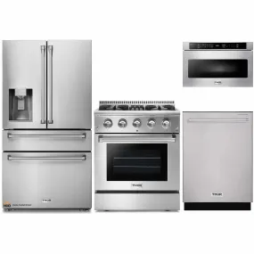 Thor Kitchen 4-Piece Pro Appliance Package - 30-Inch Dual Fuel Range, Refrigerator with Water Dispenser, Dishwasher, and Microwave Drawer in Stainless Steel