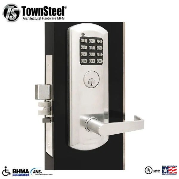 TownSteel - XME-2050 - Electronic Mortise Lockset w/ Keypad - Deadbolt - 2-3/4" Backset - Rigid Lever Set - Sentinel Lever - Fired Rated - Satin Chrome - Grade 1