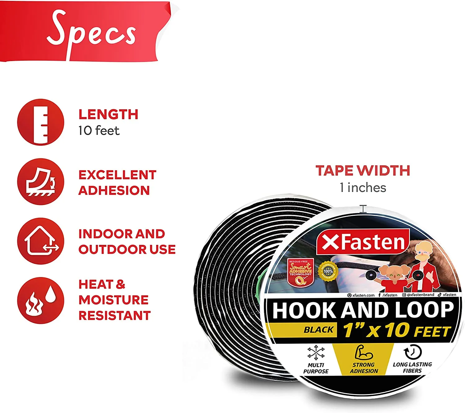 XFasten Adhesive Hook and Loop Tape | 1 Inch x 10 Foot | Black