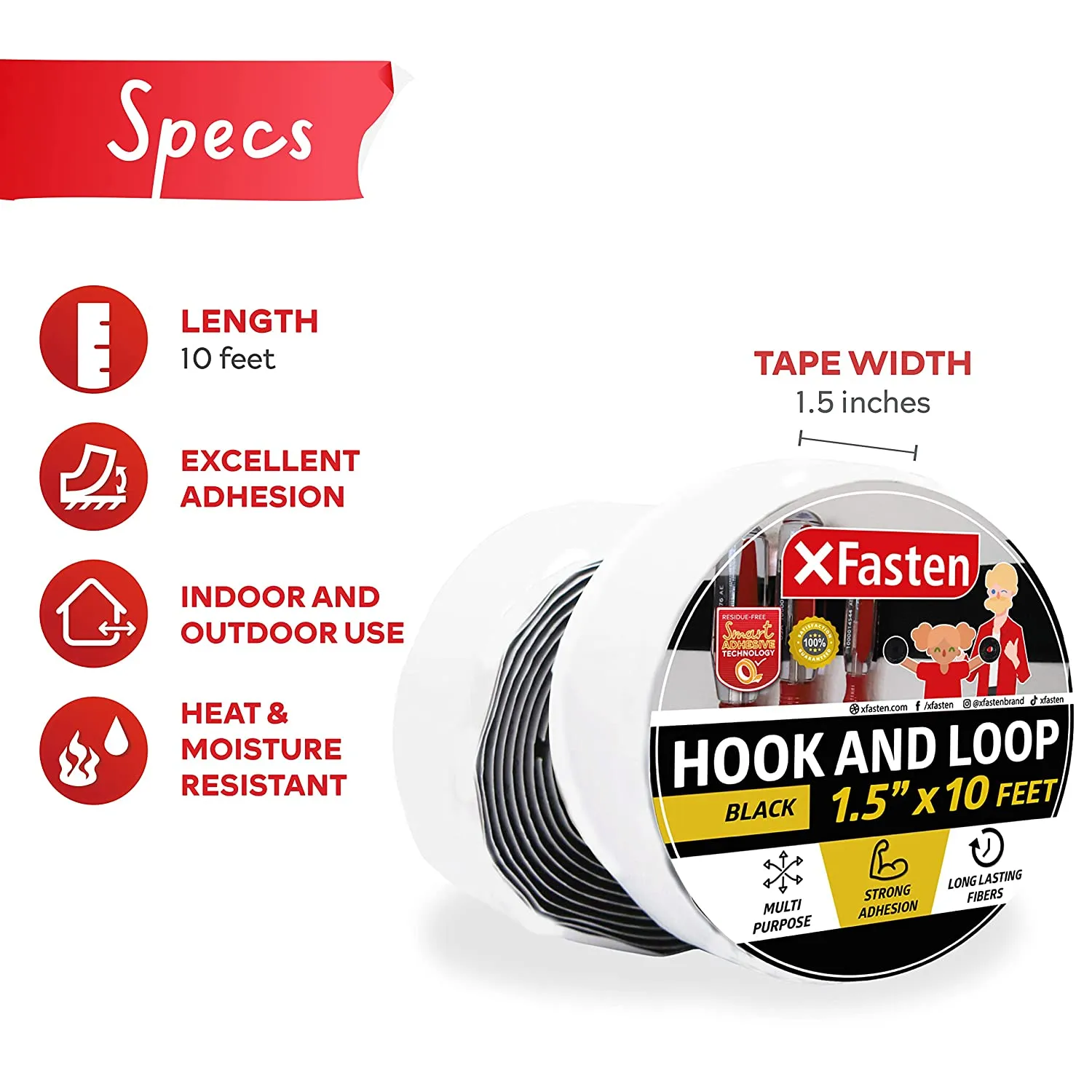 XFasten Adhesive Hook and Loop Tape | 1.5 Inch x 10 Foot | Black