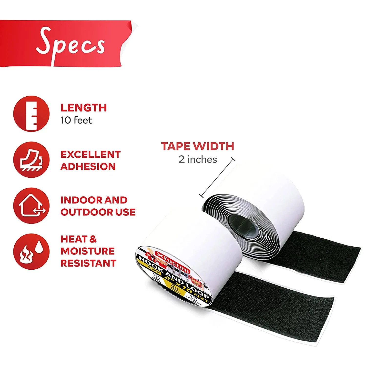 XFasten Adhesive Hook and Loop Tape | 2 Inches x 10 Foot | Black