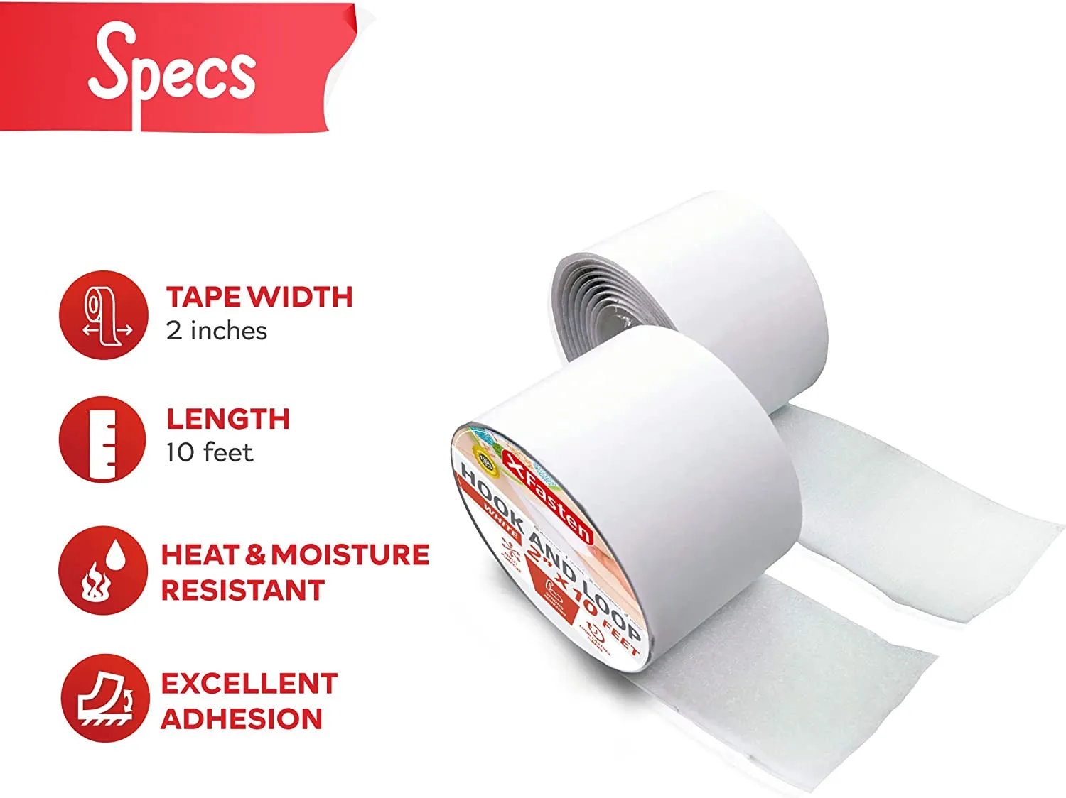 XFasten Adhesive Hook and Loop Tape | 2 Inches x 10 Foot | White